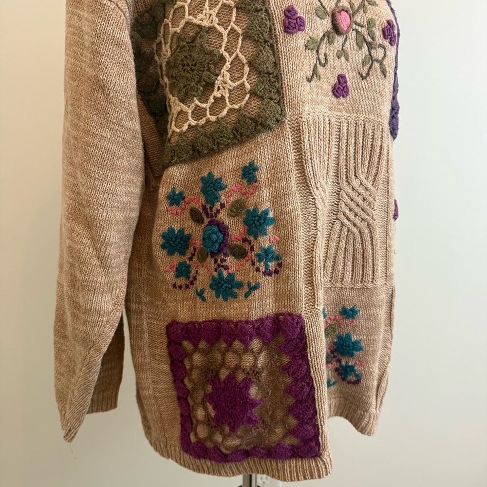 Vintage Ramie Cotton Floral Embroidered Chunky Knit Sweater Women’s L/XL Grandma - Picture 3 of 12